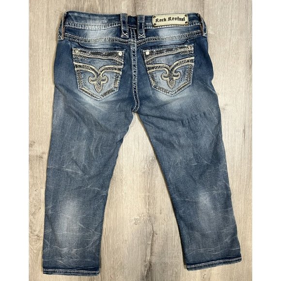 Rock Revival Jaylyn Jeans Size 27 x 20 Distressed Capri Crop EUC‎ Rhinestone - Picture 1 of 10